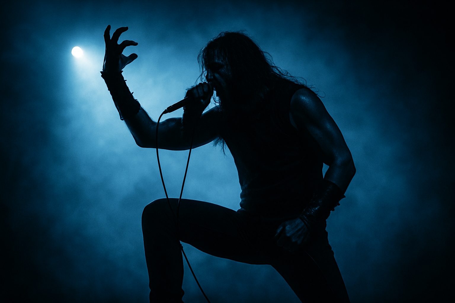 Artista de metal en escenario con luces frías