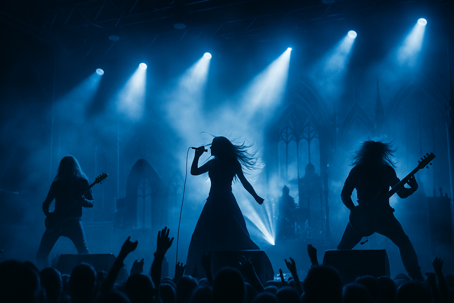 Banda de power metal sinfónico en escena con luces azules y estética épica