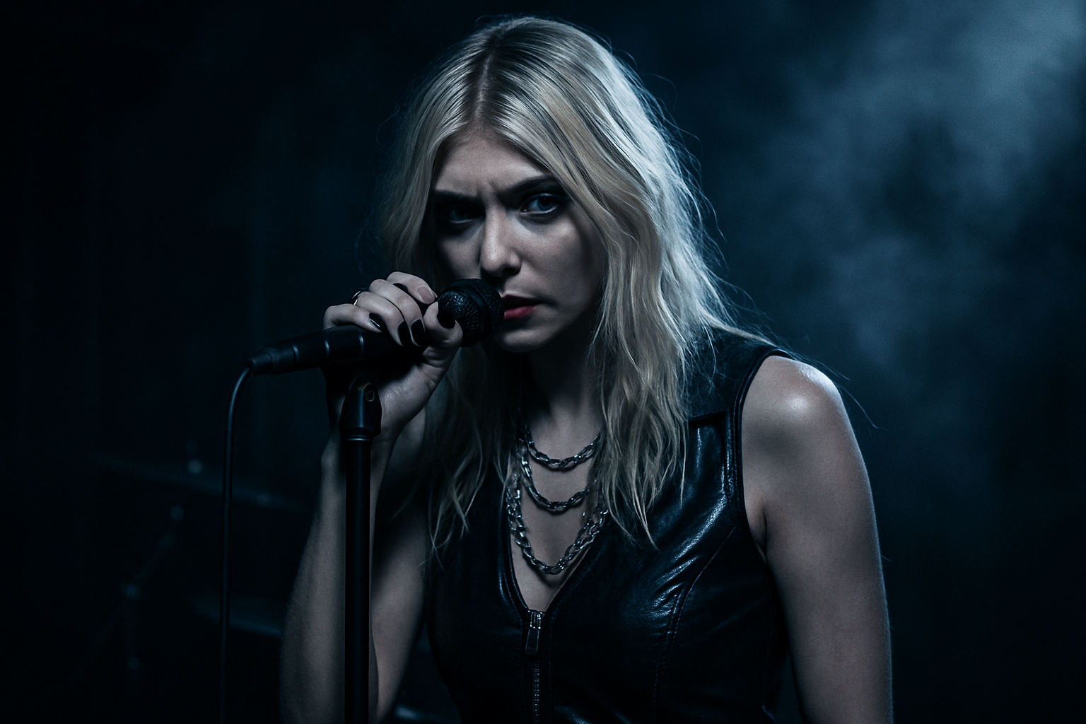 Taylor Momsen en un set oscuro con contraluces azules, estética cinematográfica y atmósfera de rock alternativo