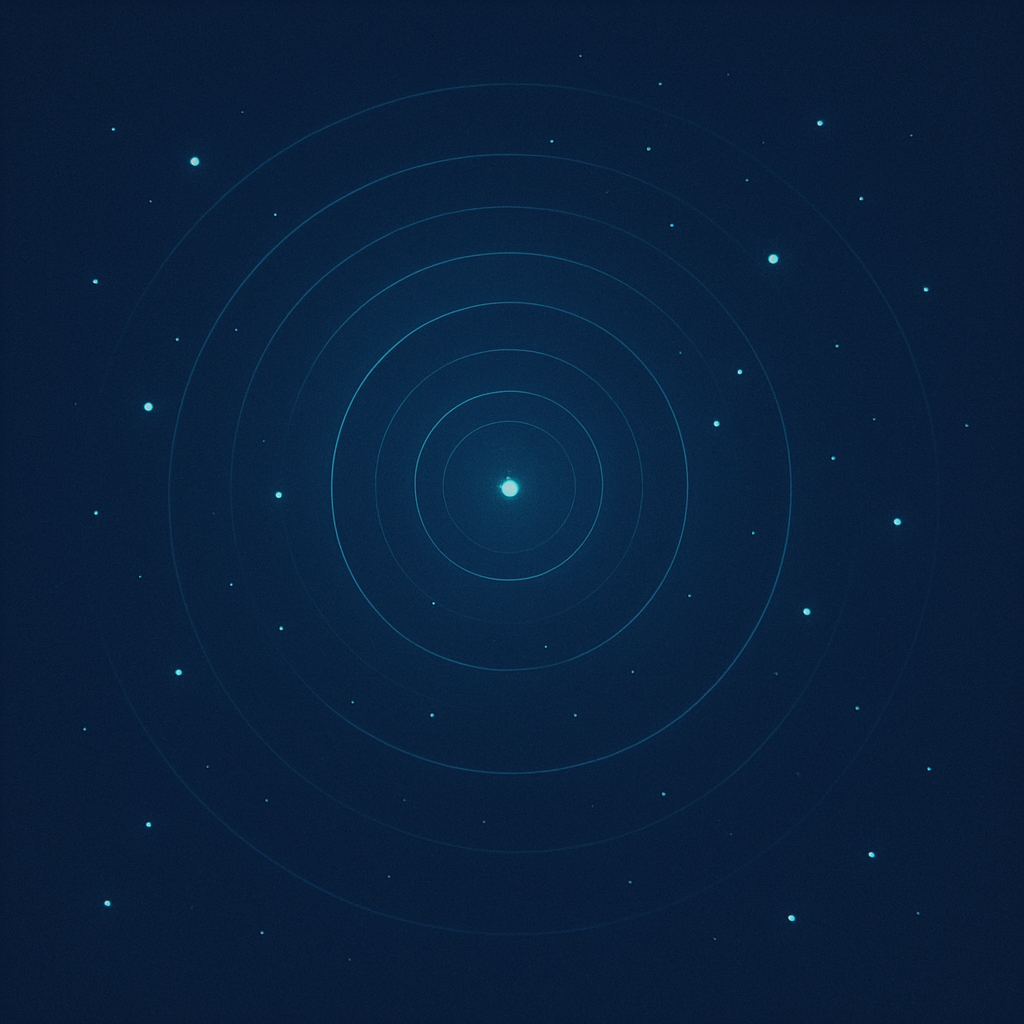 Portada con órbitas circulares y puntos luminosos en azul profundo