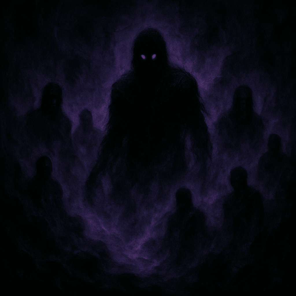 Portada con figuras oscuras y brillos púrpura, atmósfera blackened deathcore