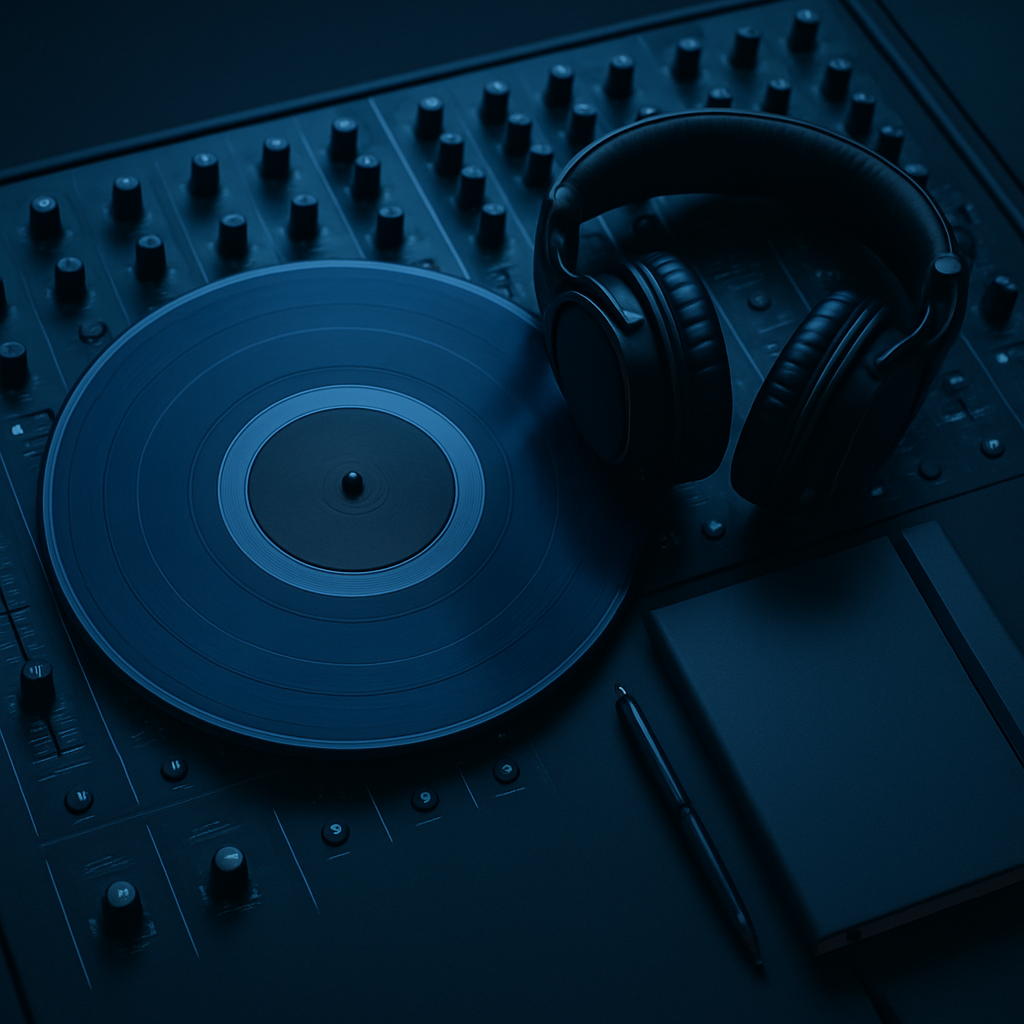 Reseña de álbum con vinilo azul en estudio moderno