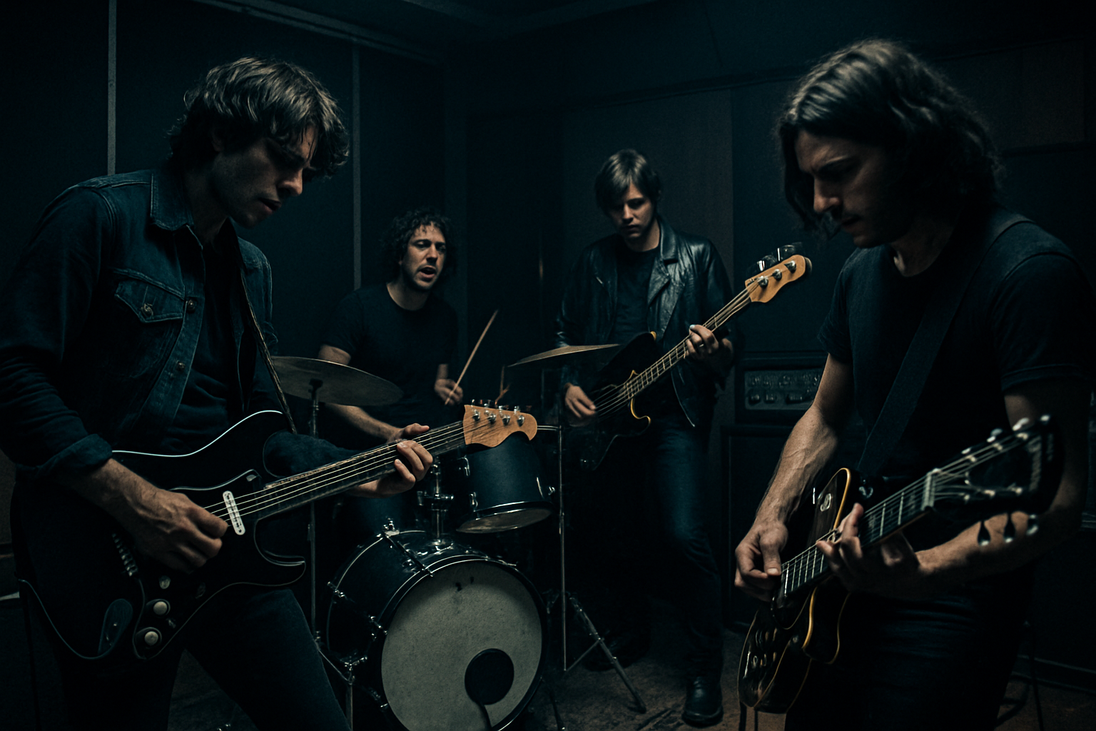 Banda de rock en estudio analógico