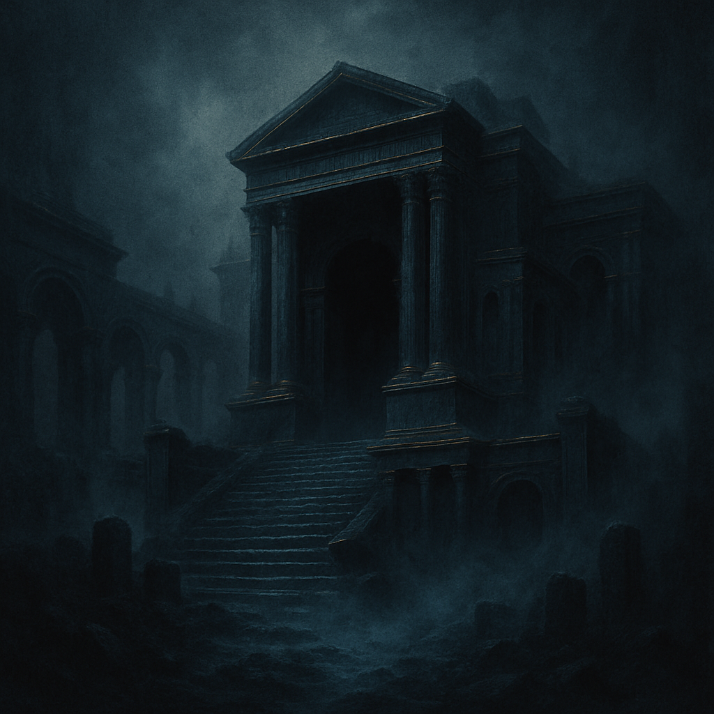 Portada con templo sombrío y neblina densa, estética black/doom
