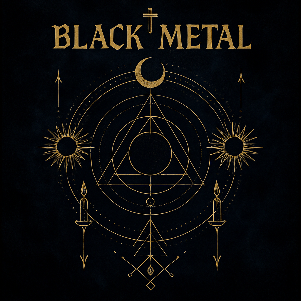 Portada mística con geometría dorada y sombras frías, estética black metal