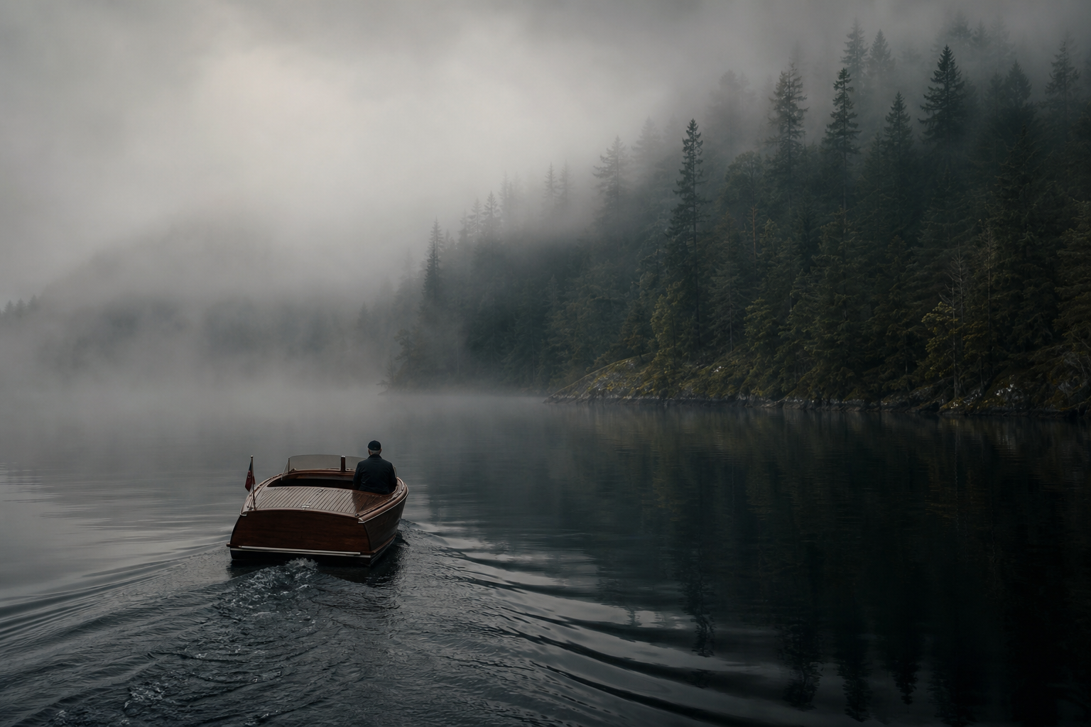 Private wooden motorboat gliding through fog on a still charcoal lake with forested shoreline