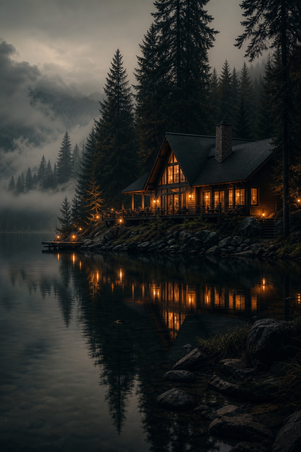 Warm-lit timber cabin at dusk beside the lake with soft reflections