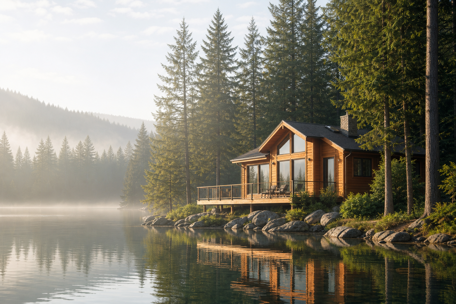 Bright wooden cabin beside a calm lake with tall green pines, soft morning light, and a small deck overlooking still water