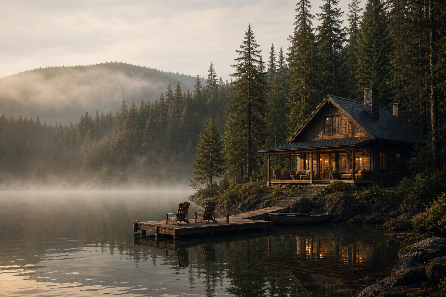 Warm timber cabin beside a calm lake with evergreen forest, soft morning light, and a small dock