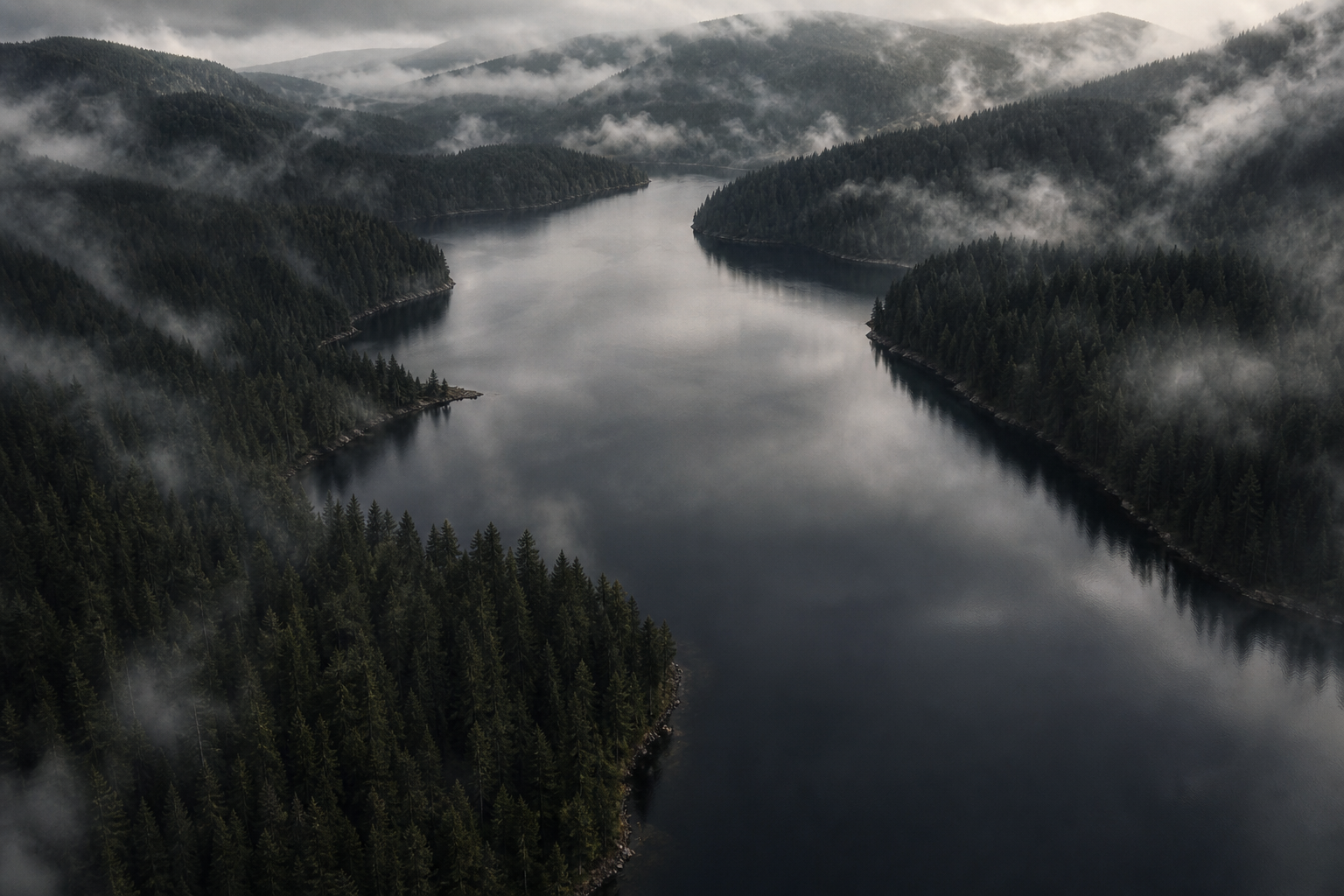 High aerial view of a foggy lake surrounded by dark evergreen forest and winding shoreline
