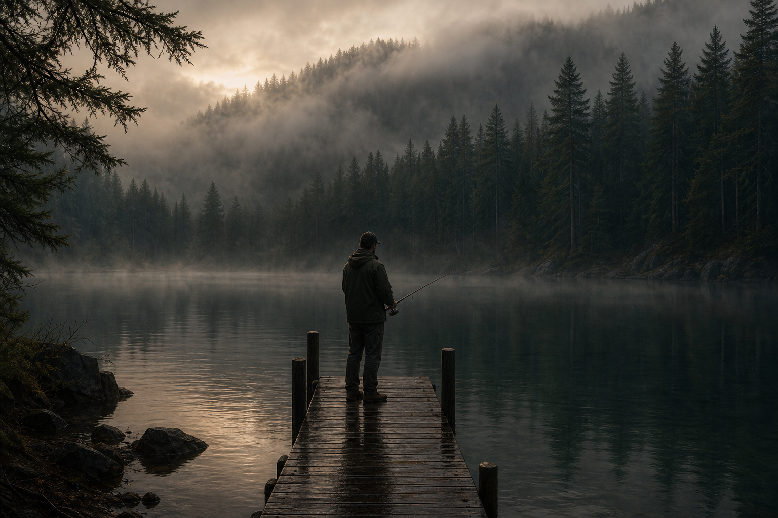Solitary angler on a small dock with fishing rod, mist rising over deep green water