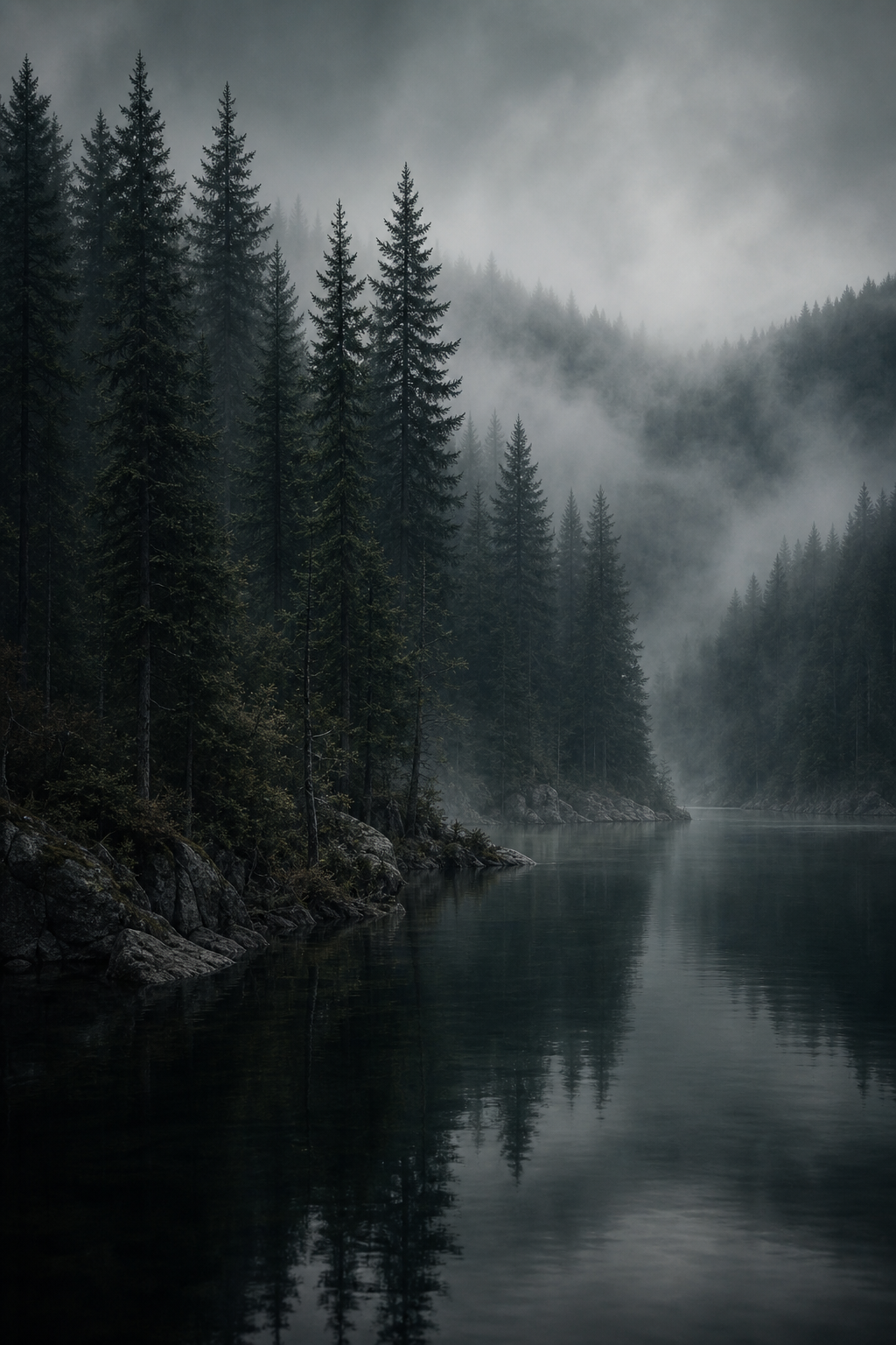 Dense forest edge wrapped in mist with a quiet inlet of the lake