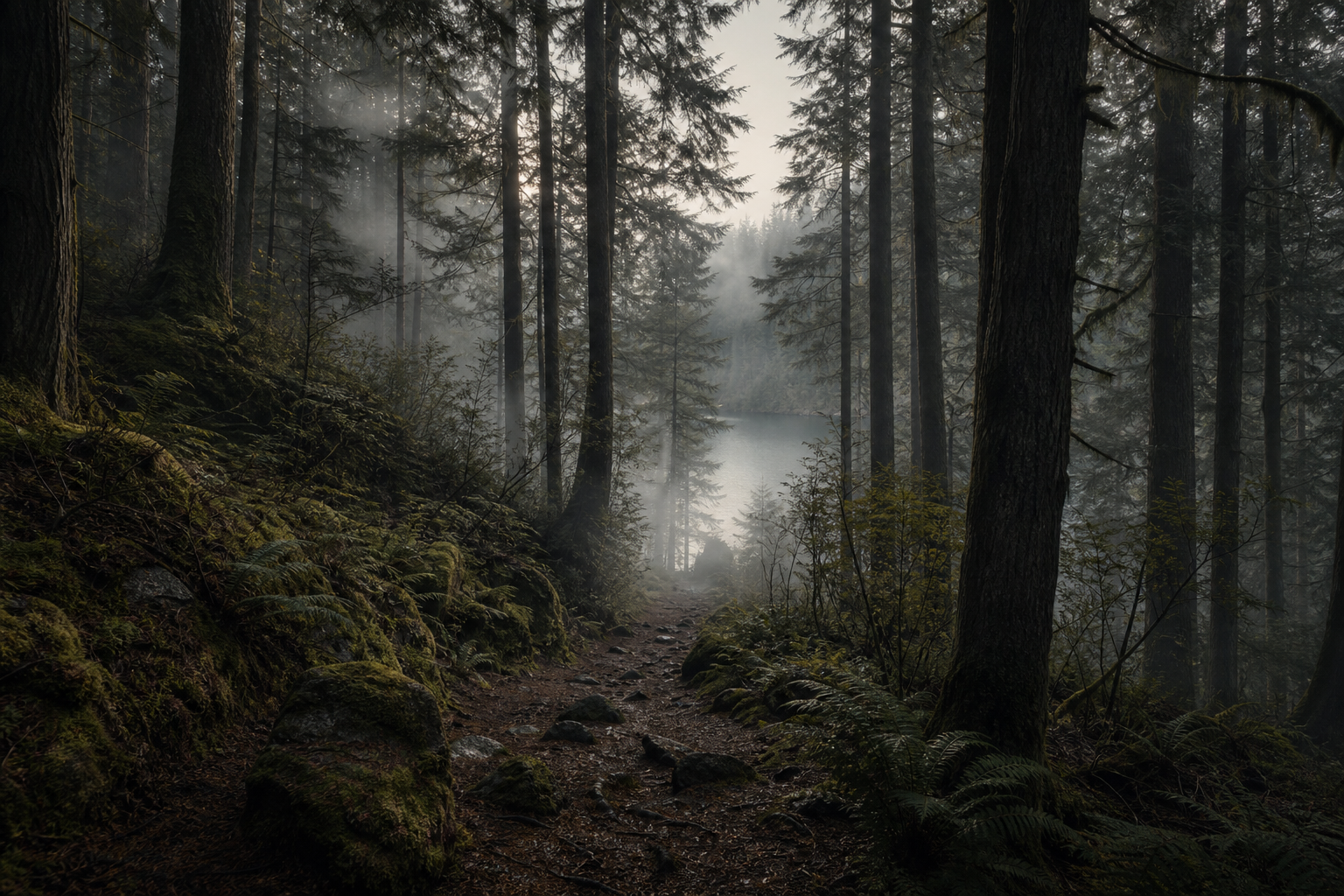 Narrow forest trail with mossy pines and soft fog, leading toward a distant lake
