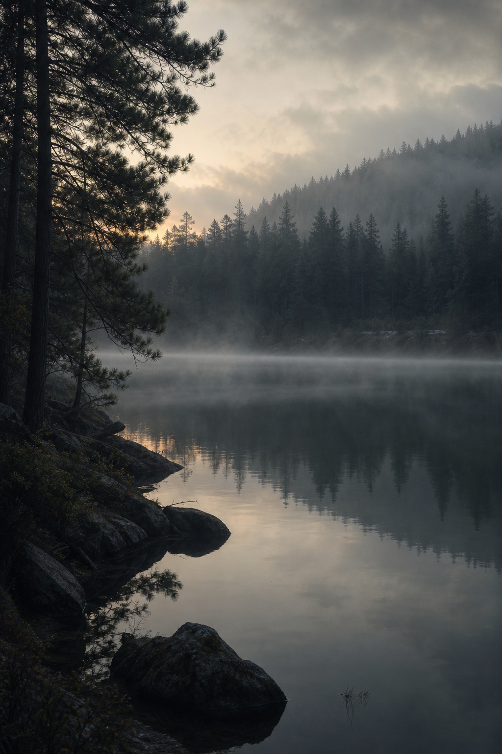 Low shoreline view with soft fog hovering above still water and dark pines