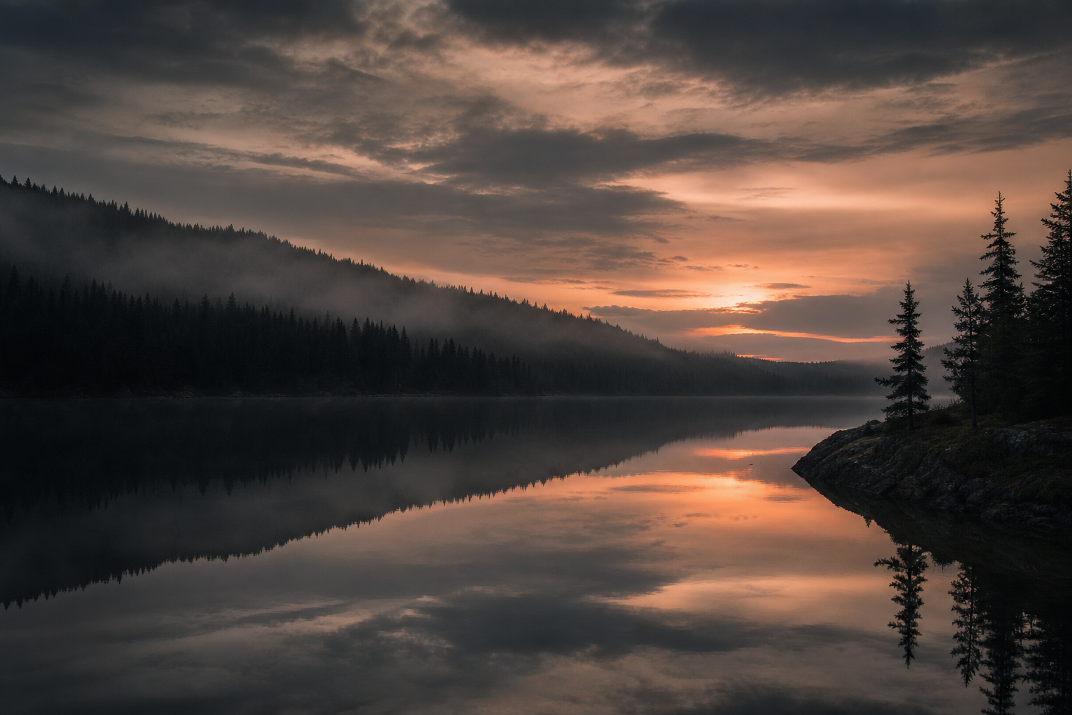 Soft sunset light over glassy water with silhouetted forest ridgeline