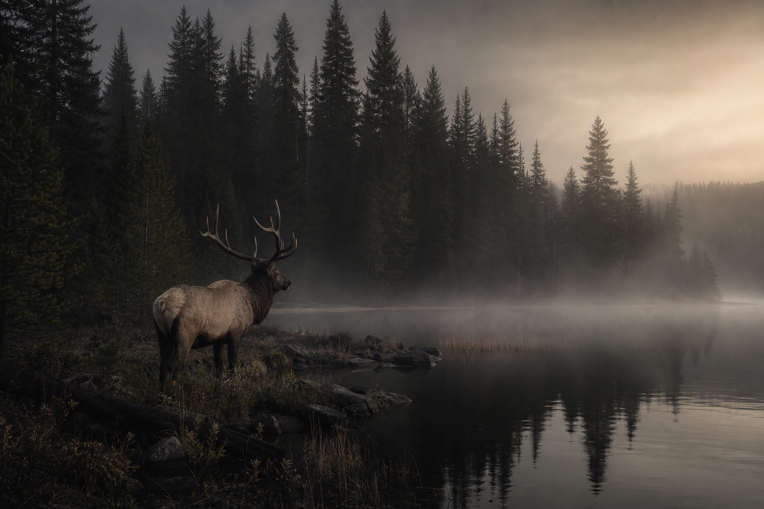 Elk standing near a misty lakeshore with dark pines behind, early morning light