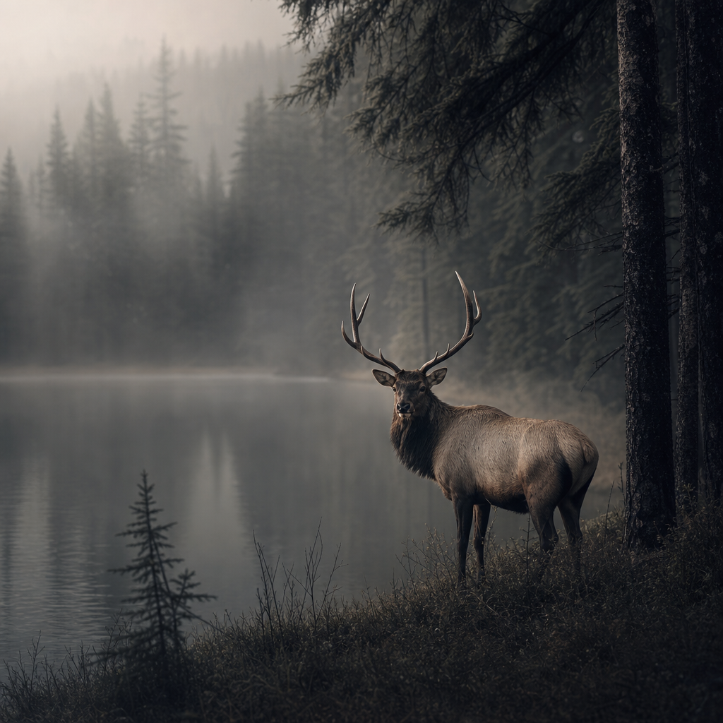 Lone elk standing near the treeline in muted morning light