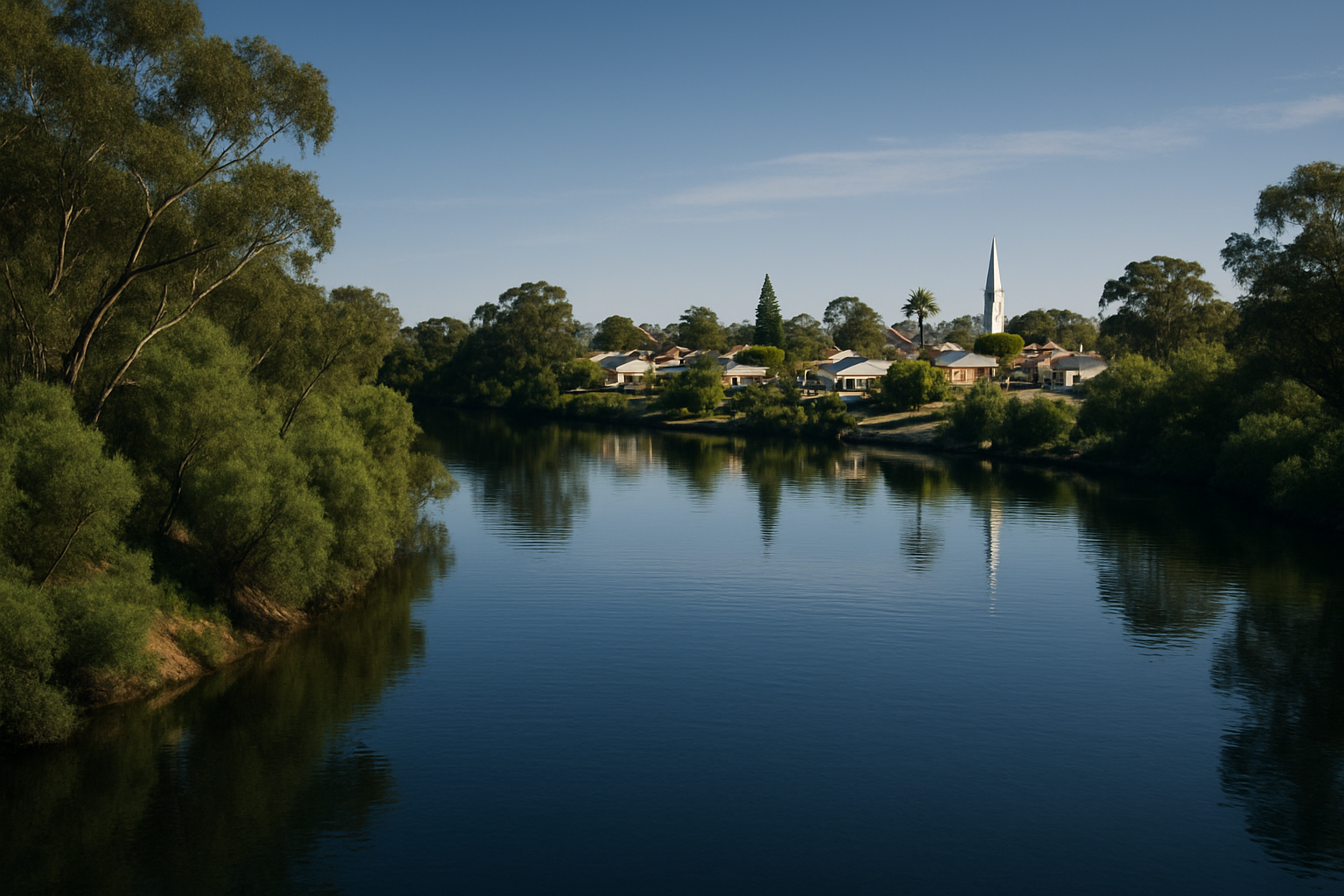 Pristine waterway with lush greenery and a small Australian town in the background, calm and welcoming atmosphere, clean water and sky, deep blue and charcoal inspired color palette, realistic high-quality photography