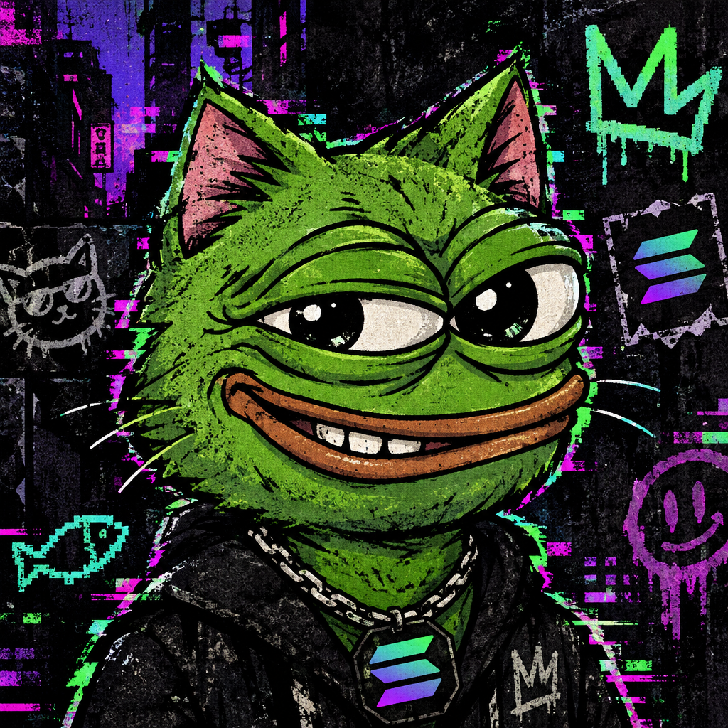 Scrappy Pepe Cat character with matte green fur, wide degen grin, and glitchy alley vibe