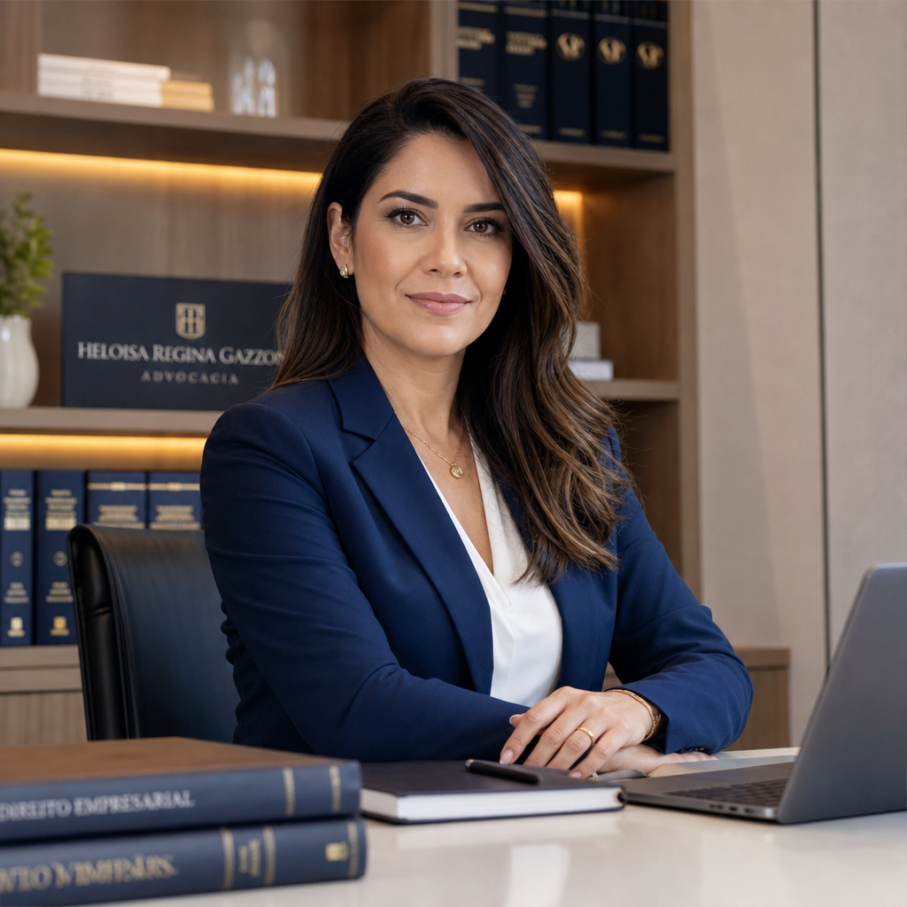 Executiva jurídica brasileira em escritório corporativo moderno com iluminação suave, mesa de reuniões e livros jurídicos ao fundo