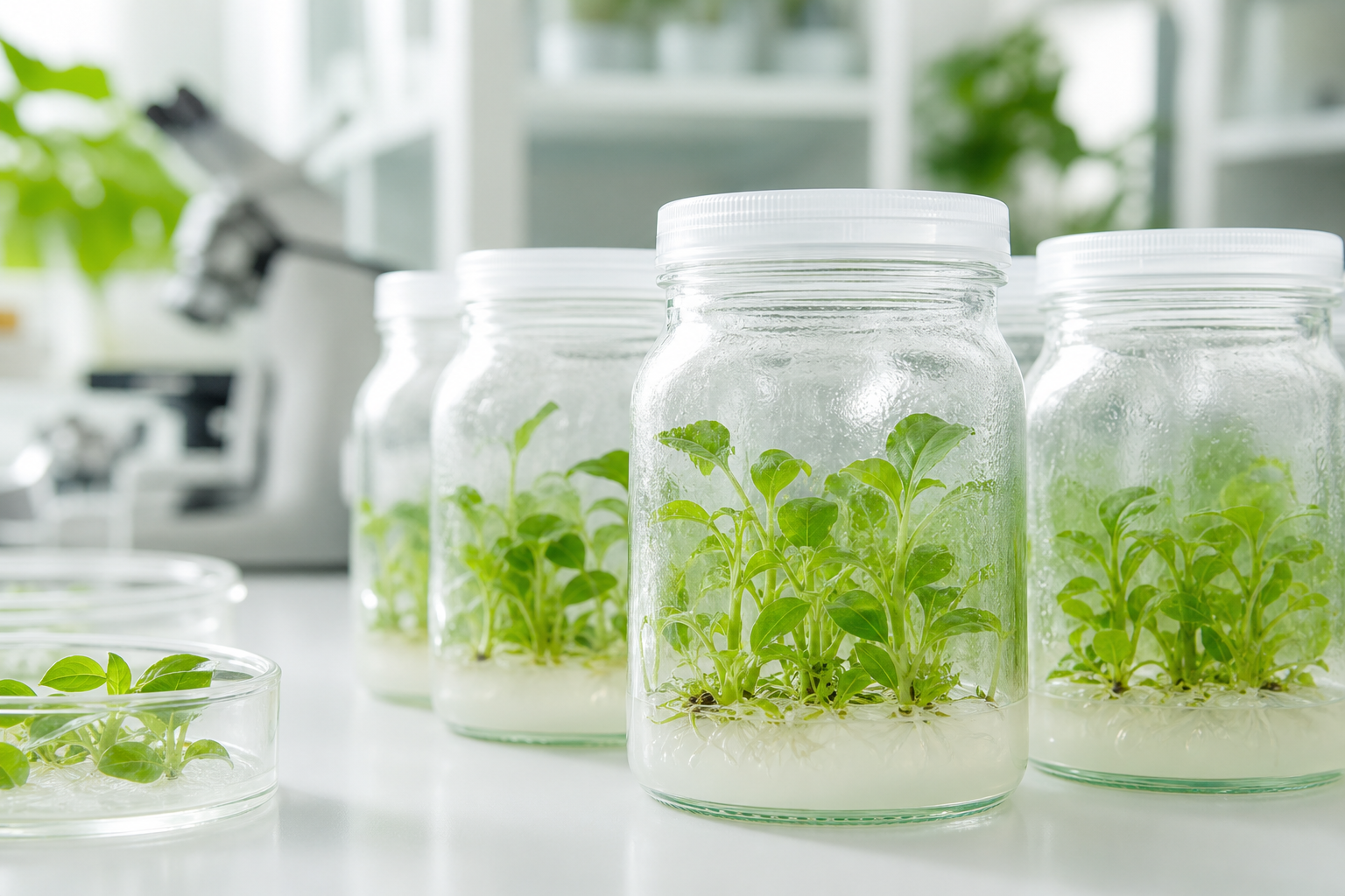 Plántulas de laboratorio in vitro en frascos de vidrio sobre mesa blanca en un entorno limpio y científico
