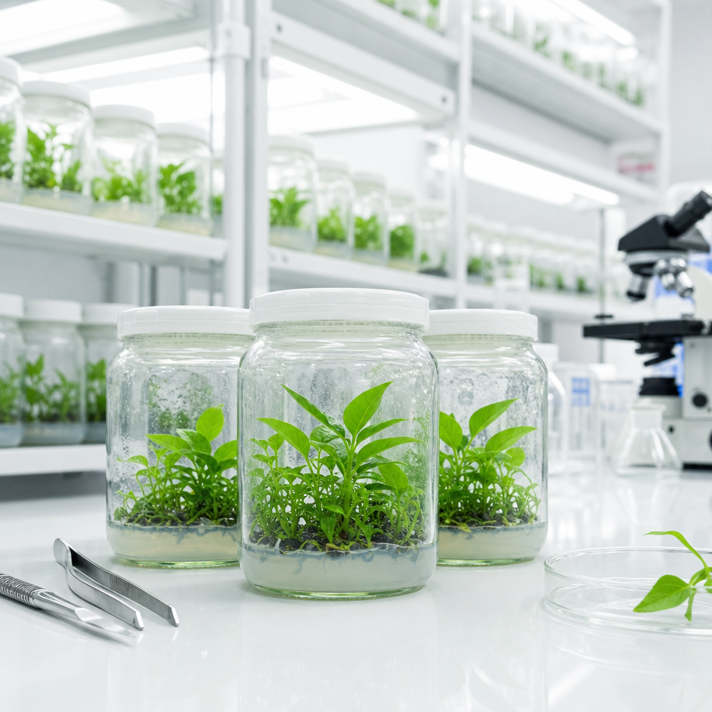 Plántulas en frascos de cultivo in vitro dentro de un entorno limpio y luminoso