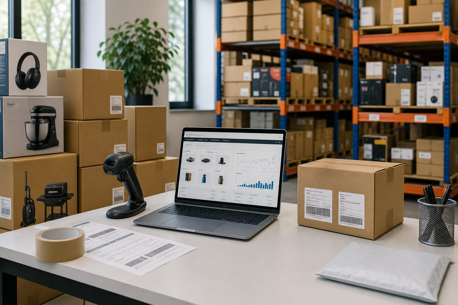 Organised UK warehouse workspace with branded consumer product cartons, a laptop showing a marketplace dashboard, and logistics labels on a clean packing bench