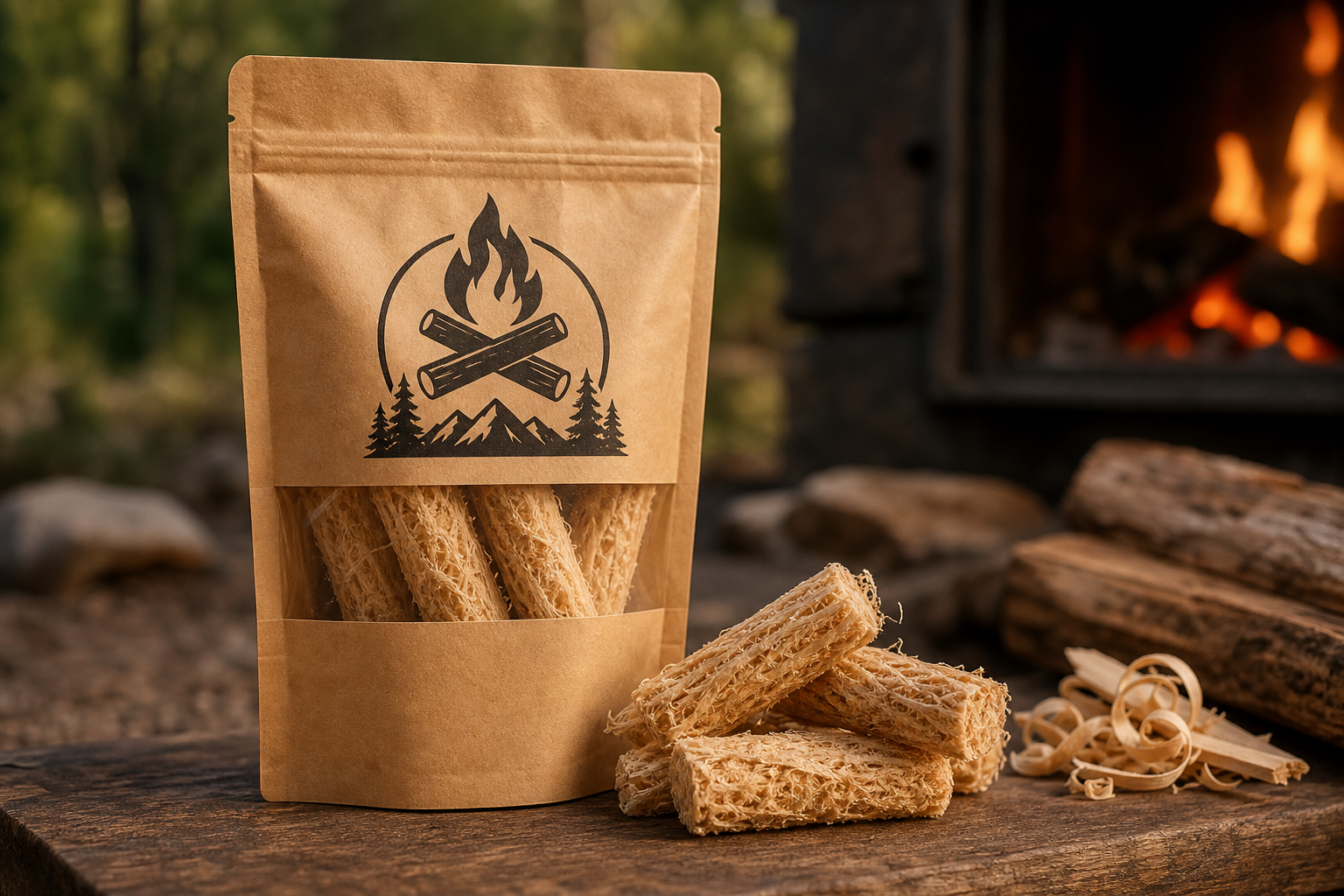 Rugged pouch of Quickstartfirestarter fire starters with natural fiber sticks beside it