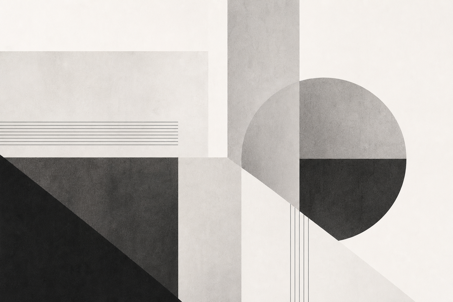 Monochrome abstract editorial illustration with layered geometric planes, thin linework, and soft tonal gradients suggesting structure, contrast, and visual rhythm