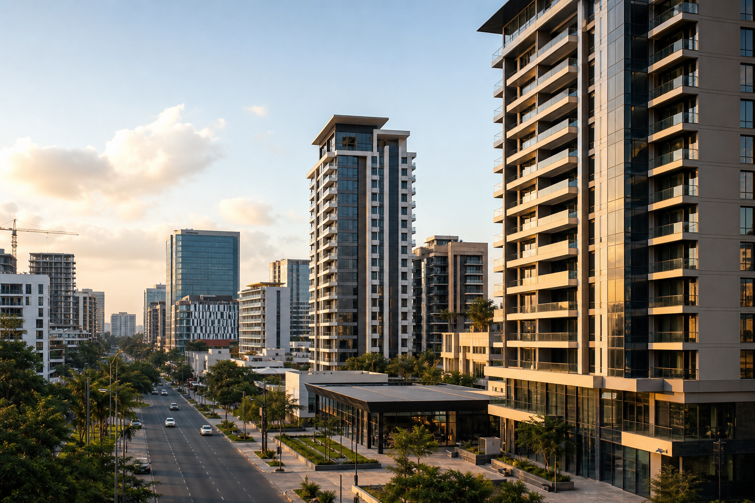 Contemporary East African urban district with modern high-rise property developments and active streets at warm late-afternoon light