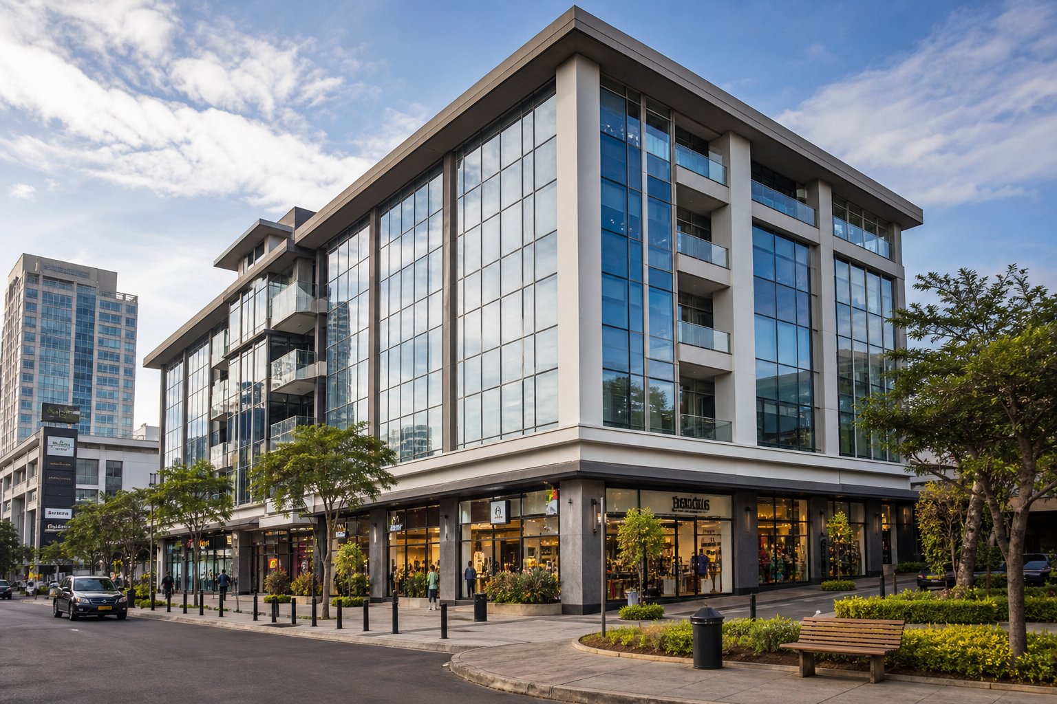 Mid-rise commercial business plaza in Nairobi with glass facade and street-level retail
