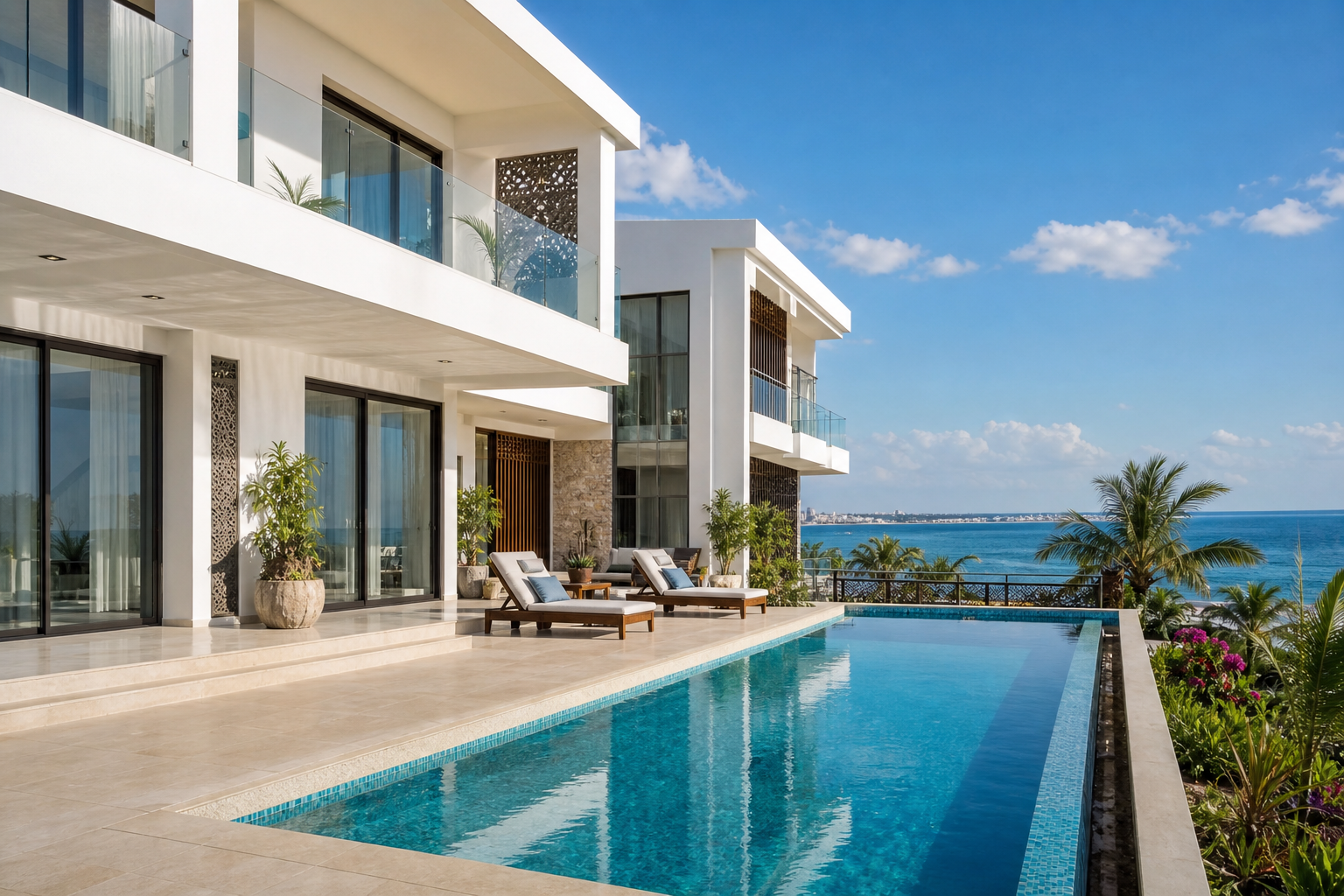 Luxury coastal villa in Mombasa with white exterior, pool terrace, and ocean-facing design