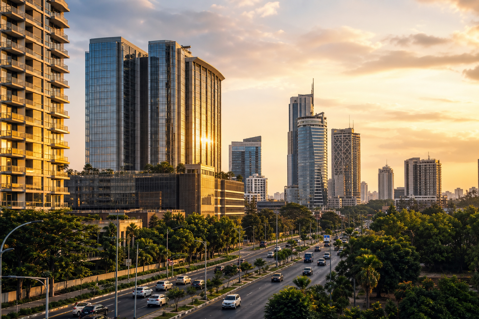 Modern East African skyline with premium residential towers and business district at warm evening light