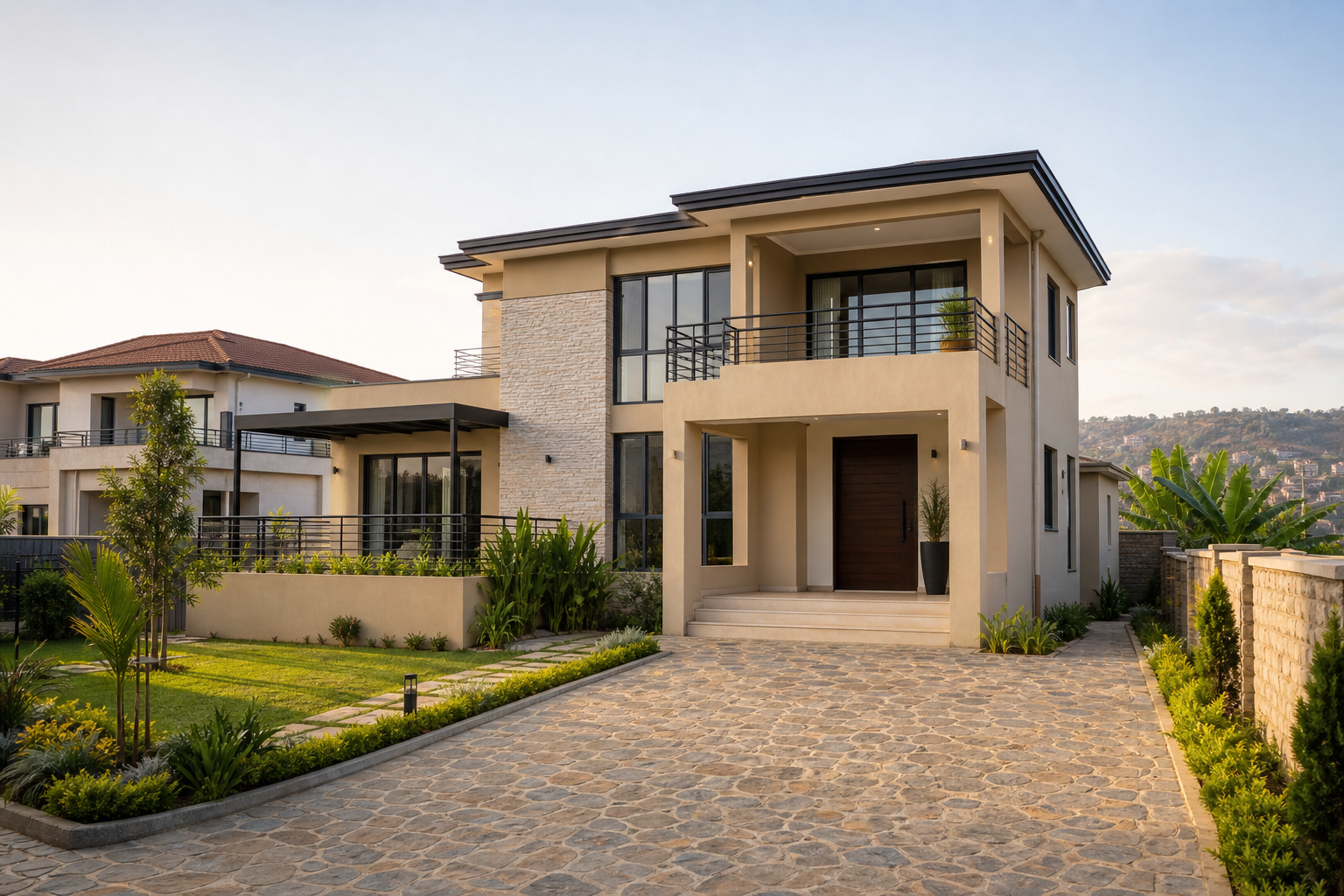 Contemporary detached family house in Kigali with landscaped front yard and stone driveway
