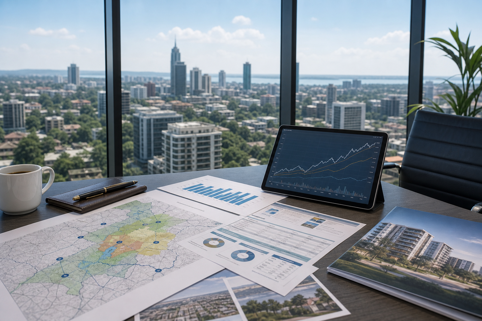 Professional East Africa property investment briefing board with city skyline, growth charts, and marked development zones