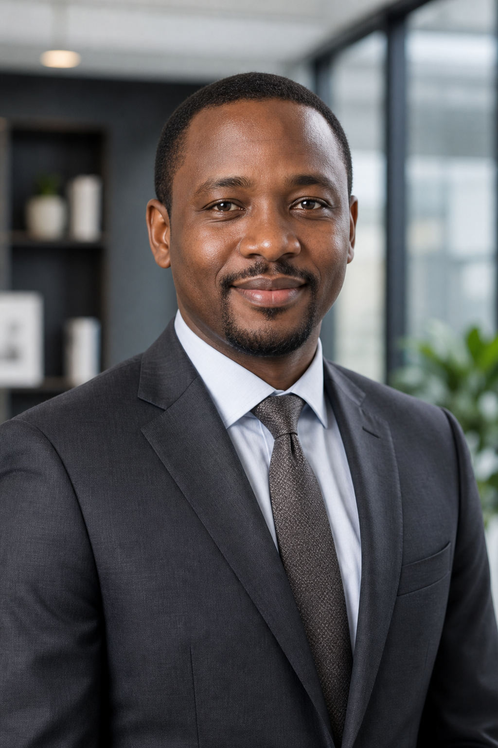Corporate headshot of Daniel Kimani, property transactions lead wearing charcoal suit and tie