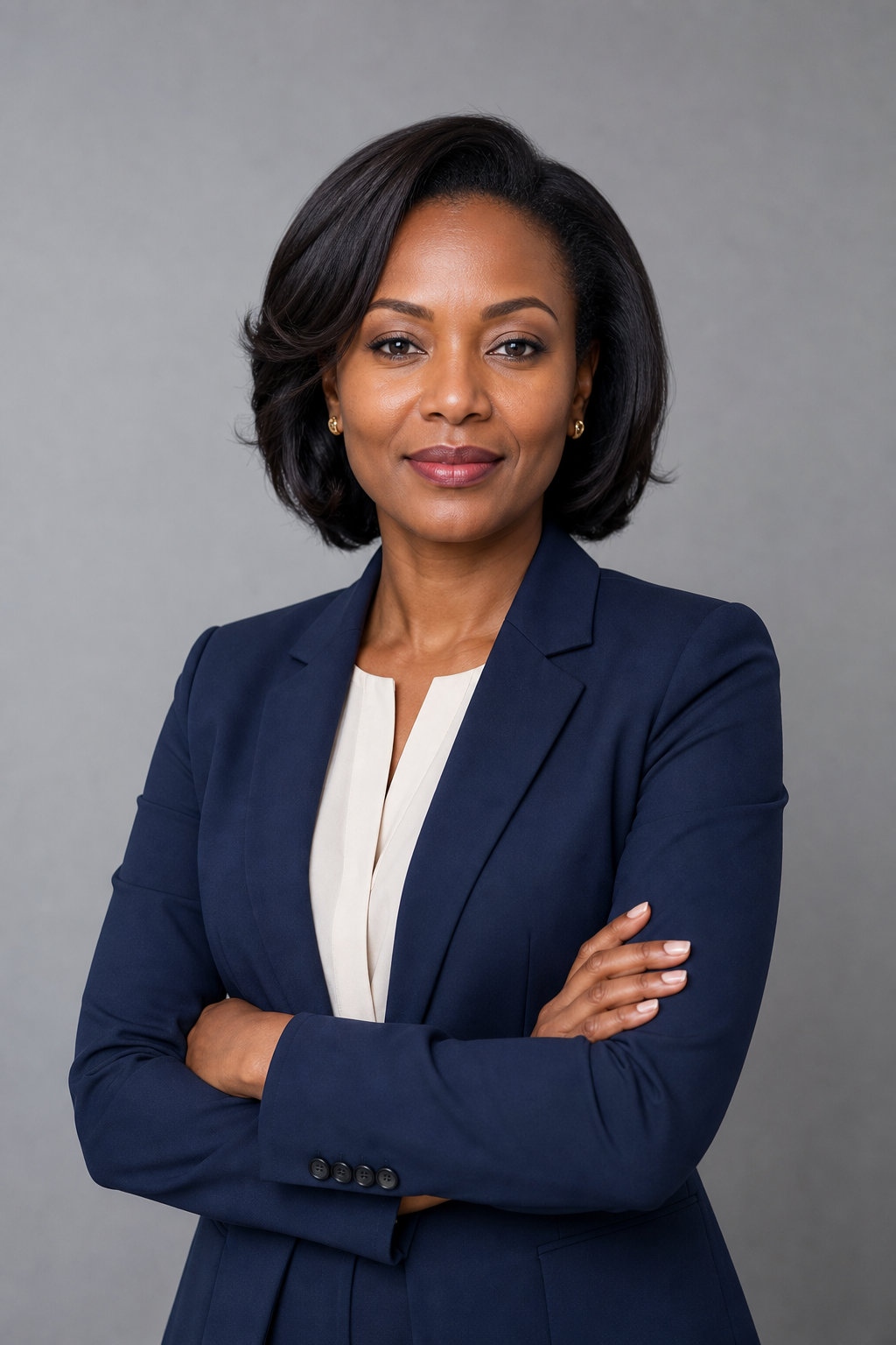 Professional studio portrait of Grace Owino, senior real estate director in navy blazer with neutral backdrop