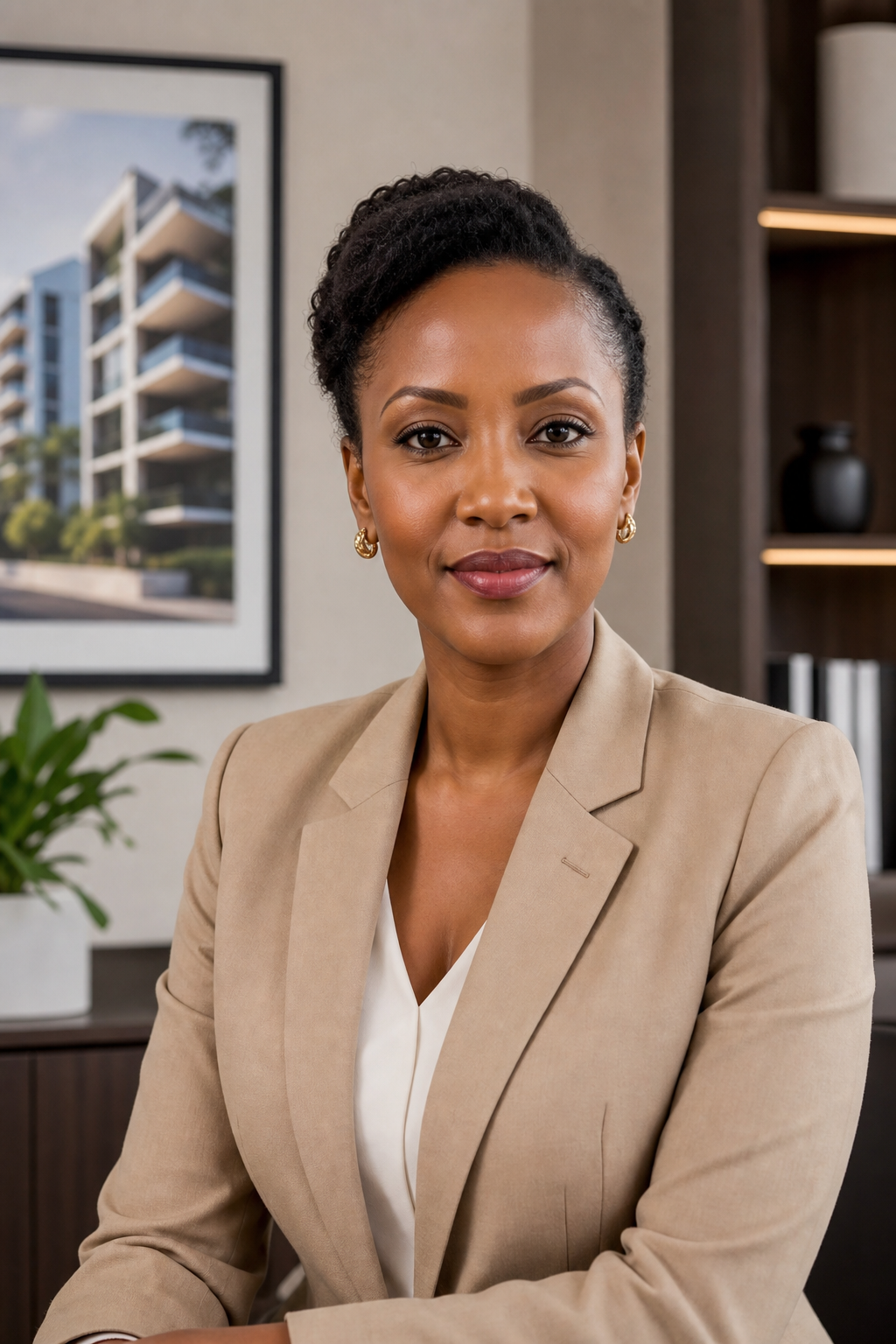 Formal portrait of Nadia Hassan, diaspora investment advisor in light beige blazer with office background
