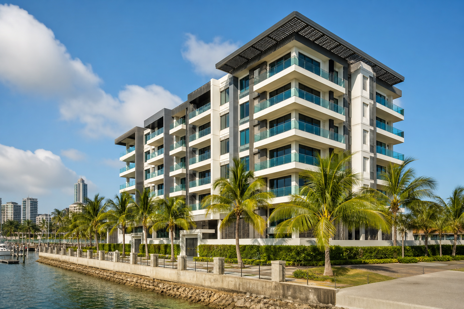 Modern waterfront apartment tower in Dar es Salaam with balconies and palm-lined frontage