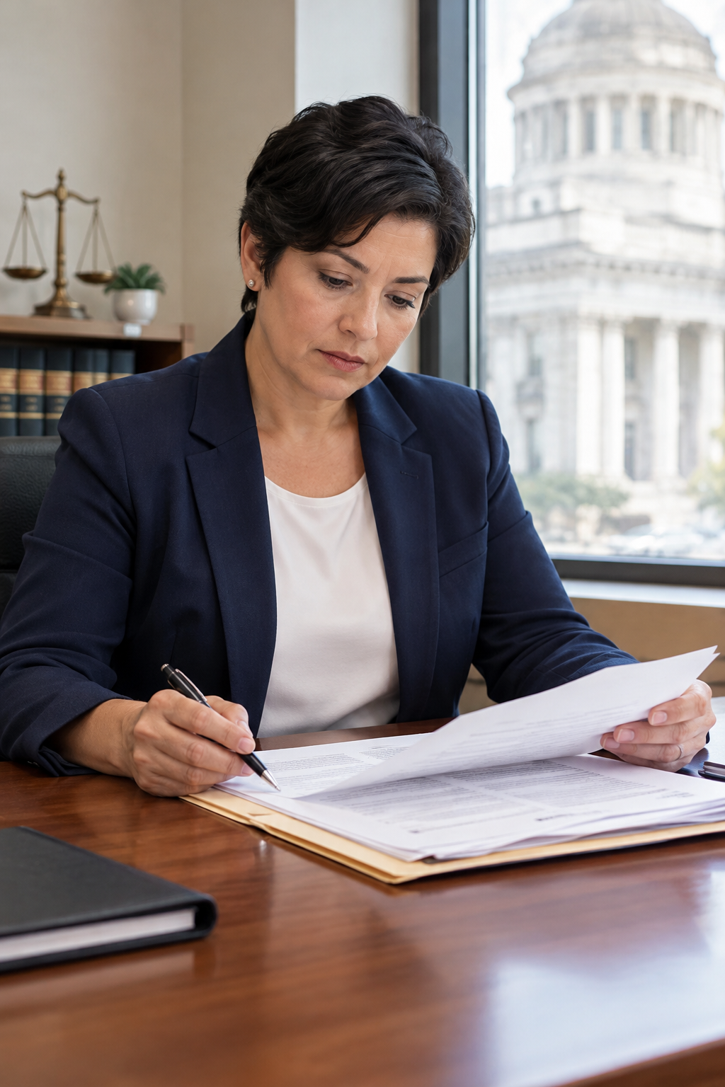 Professional legal support advisor in a courthouse-adjacent office reviewing civil court documents with a calm, focused expression