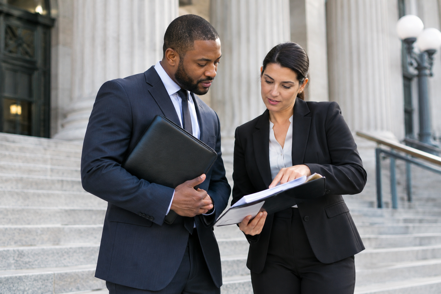 Professional courthouse scene with two legal support professionals reviewing documents on courthouse steps