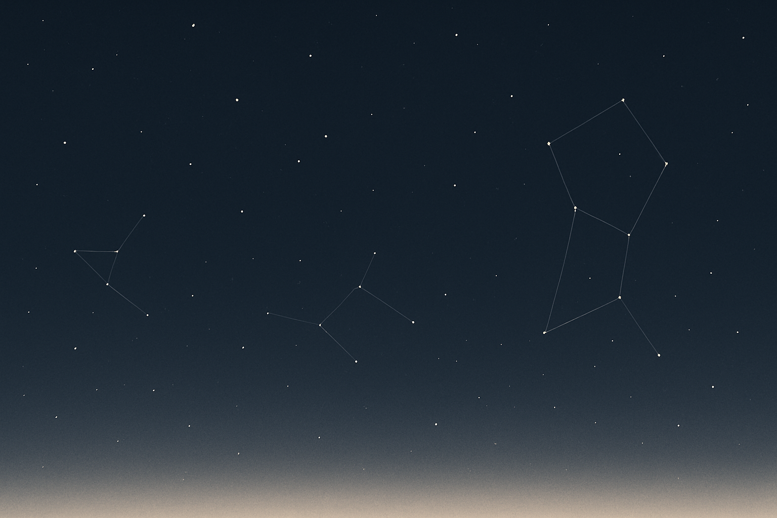Deep navy night sky with a soft cream horizon glow, visible stars, and subtle constellation linework