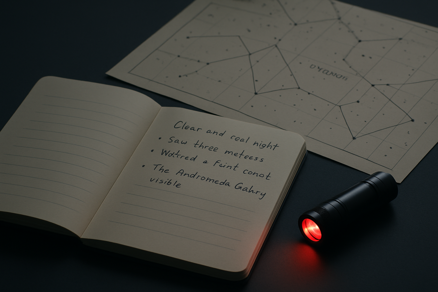 Simple astronomy notebook, printed star chart, and a red-light flashlight resting on a dark tabletop