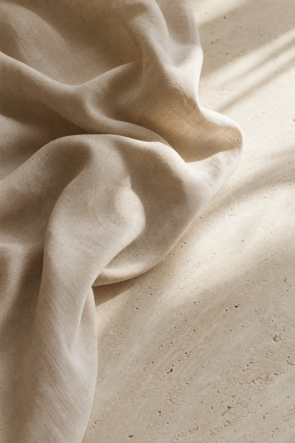 Atmospheric abstract linen folds with soft natural light over pale stone tones