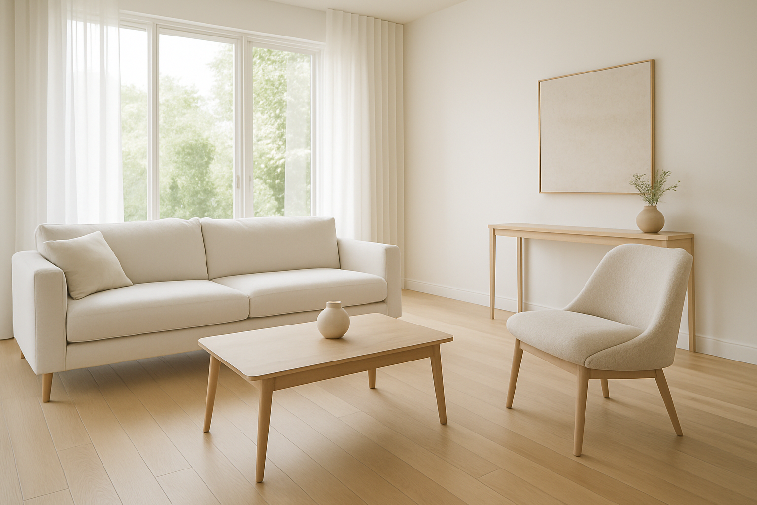 Sunlit modern living room with spotless white sofa, light wood floors, and minimal decor creating a pristine, airy interior