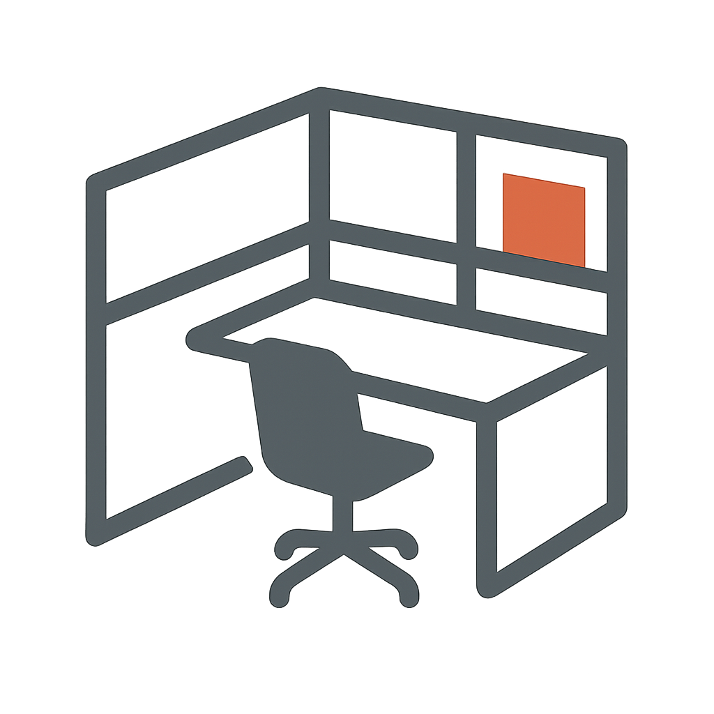 Minimalistinen toimitilan ikoni, joka symboloi toimitilasaneerauksia