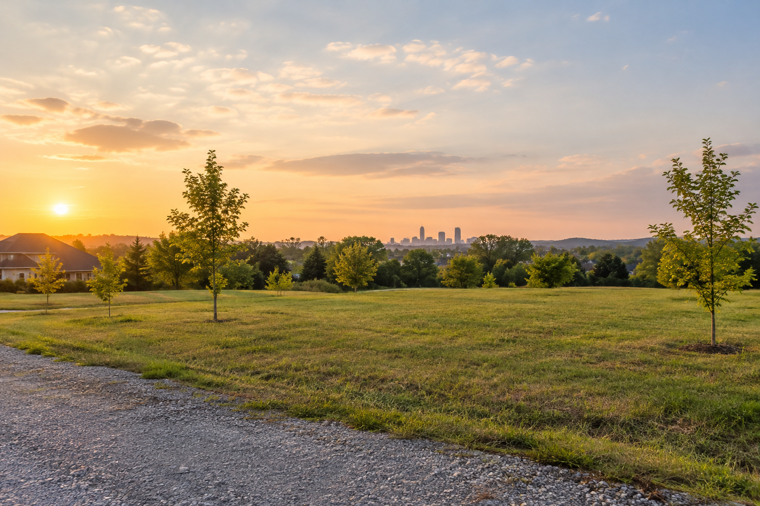 Open vacant lot with light grass and tree line under warm evening sky in the Nashville area