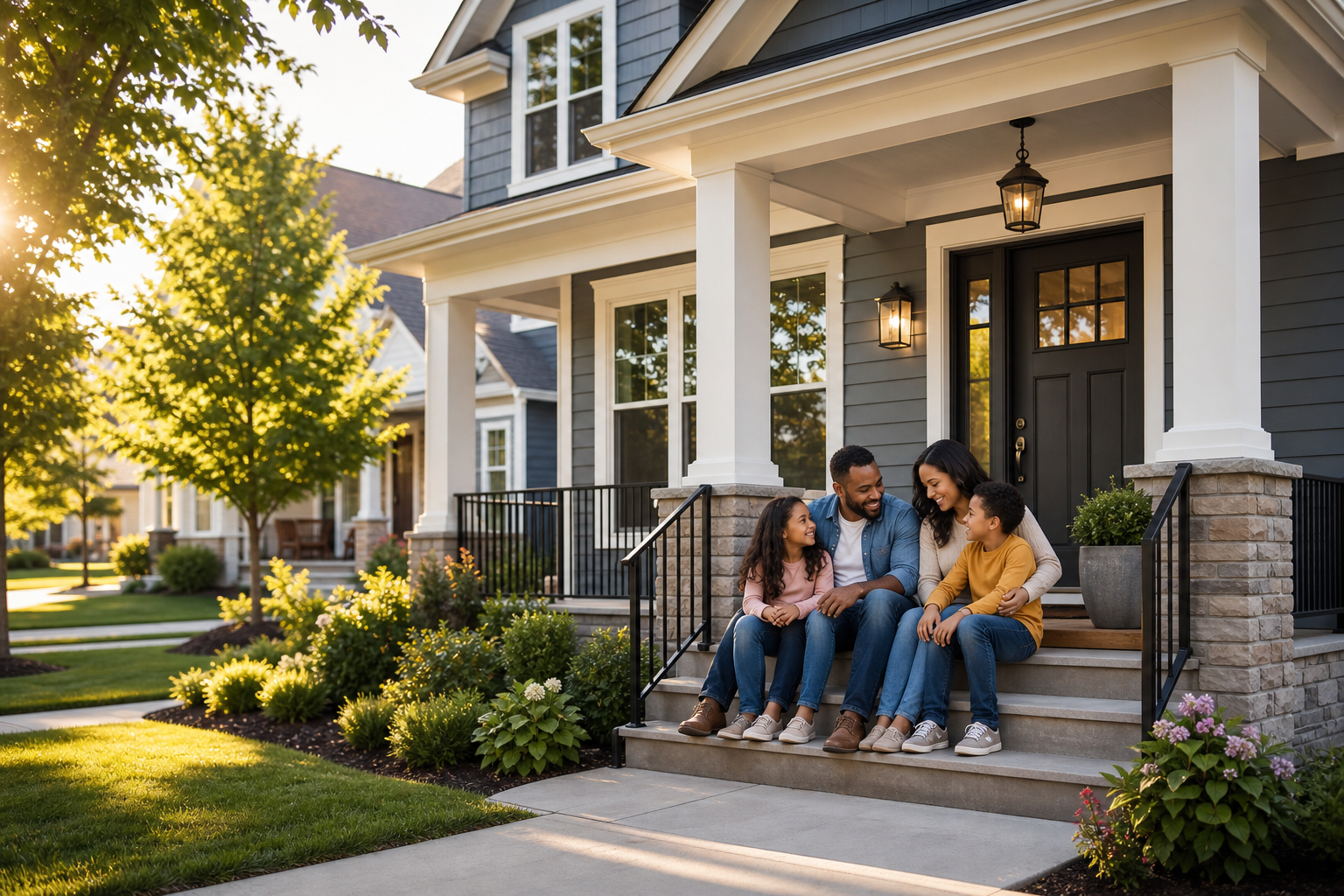 Warm, modern single-family home with a happy family standing on the front porch in a leafy neighborhood