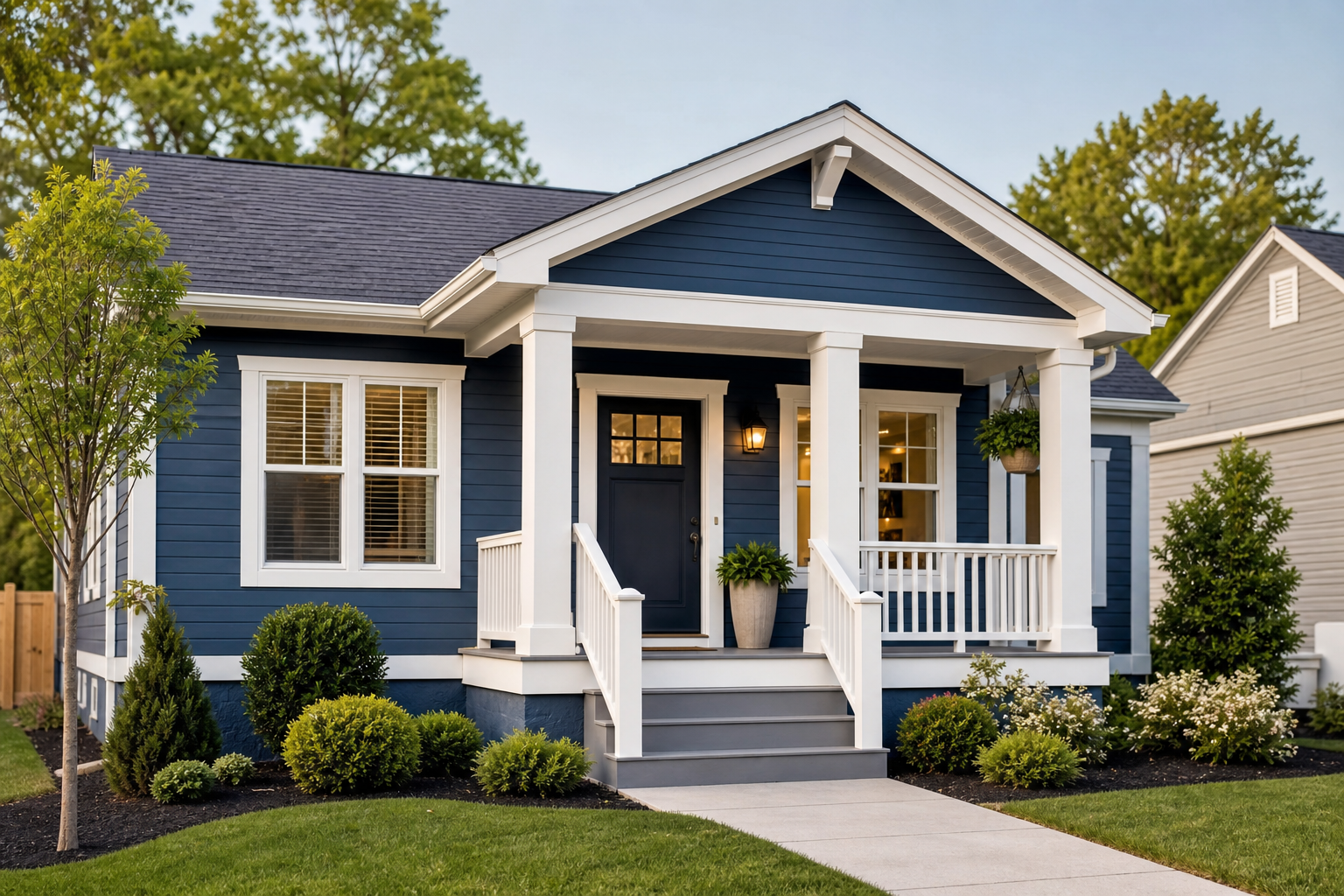 Cozy blue bungalow with white trim, a small front porch, and tidy landscaping