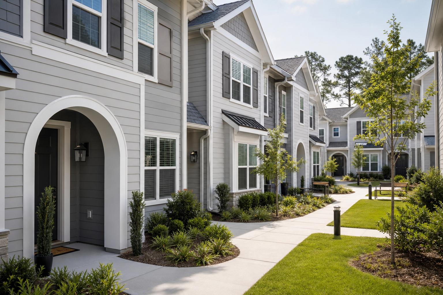 Light gray townhome with arched entry and a shared courtyard